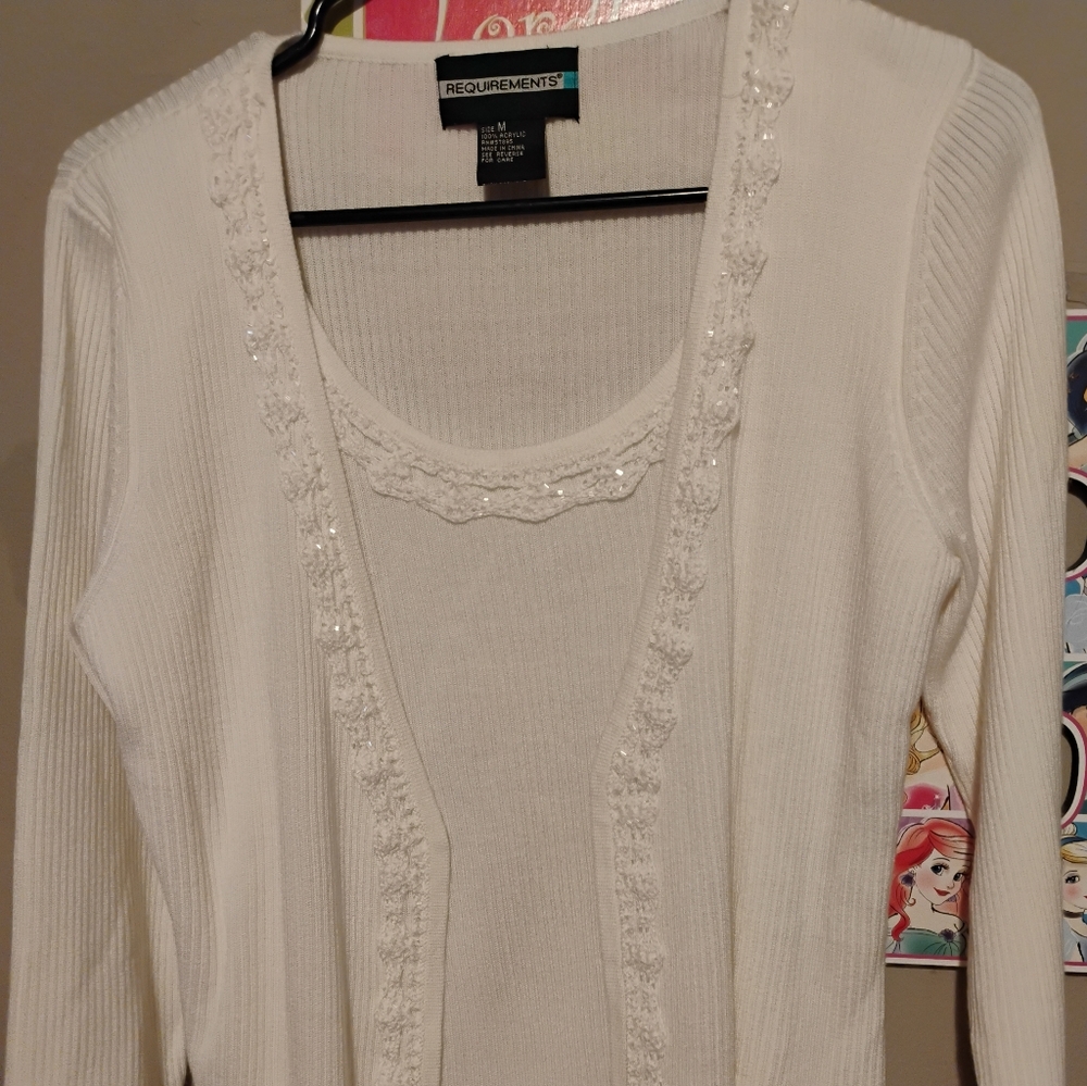 White Ribbed Cardigan with Lace Trim